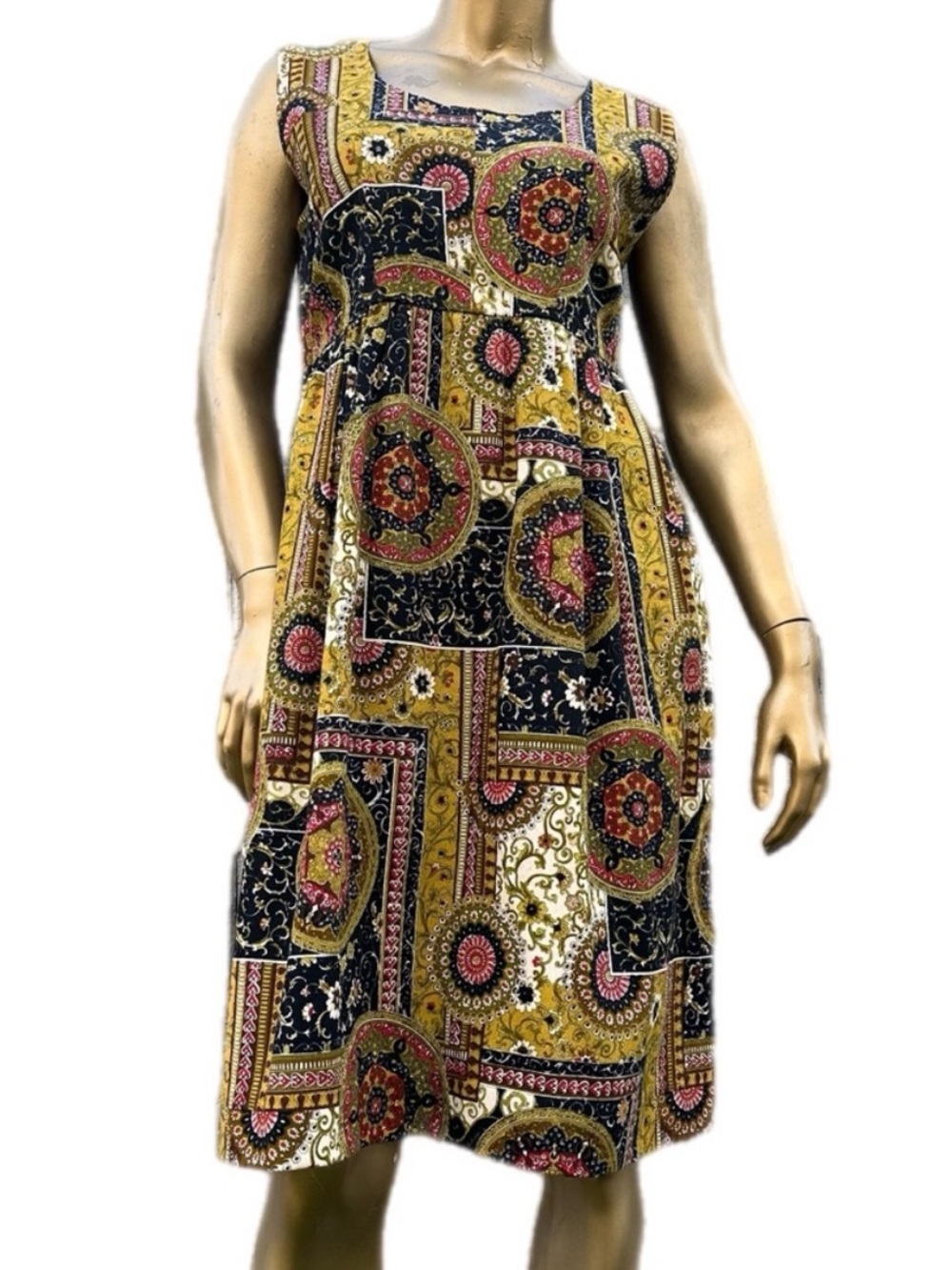Vintage Multicolor patchwork style floral pattern Sleeveless Dress, Barkcloth